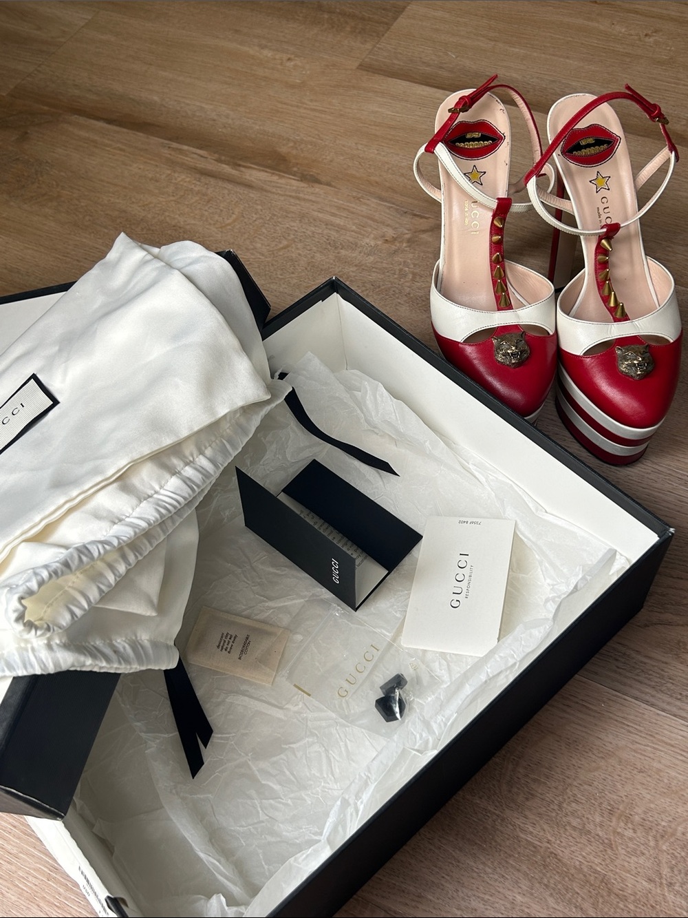 Gucci Red and White Stripe Platform Heels with Stud and Emblem Detail - Picture 13 of 13